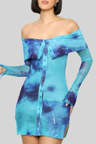 Blue Sexy Print Buckle Slit Patchwork Off Shoulder Wrapped Skirt Dresses