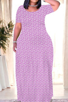 Light Purple Casual Print Patchwork O Neck Straight Dresses
