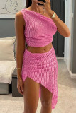Pink Sexy Solid Color Patchwork Oblique Collar Sleeveless Two Pieces