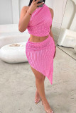 Pink Sexy Solid Color Patchwork Oblique Collar Sleeveless Two Pieces