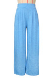 Blue Casual Solid Color Pocket Patchwork Loose High Waist Wide Leg Patchwork Bottoms