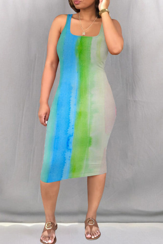 Multicolor Sexy Print Patchwork Square Neck Wrapped Skirt Dresses
