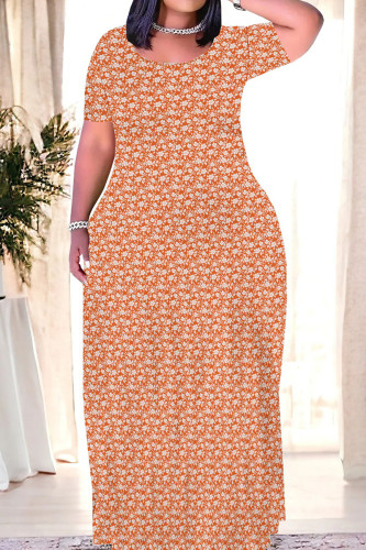 Orange Casual Print Patchwork O Neck Straight Dresses
