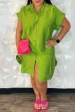 Black Casual Solid Color Buttons Turndown Collar Shirt Short Sleeve Dress