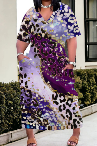 Blue Purple Casual Print Pocket Patchwork V Neck Straight Plus Size Dresses