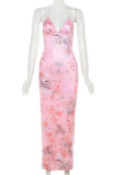 Pink Sexy Print Backless Patchwork Spaghetti Strap Sling Dresses