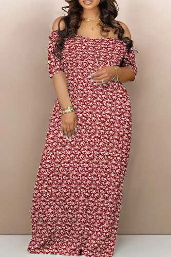Red Casual Print Backless Patchwork Off Shoulder Long Dresses