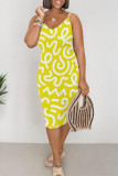 Yellow Casual Geometric Print Contrast V Neck Printed Dresses