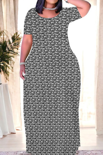 Black Casual Print Patchwork O Neck Straight Dresses