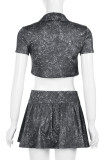 Dark Gray Sexy Solid Color Hollow Out Distressed Ruched Patchwork O Neck Short Sleeve Two Pieces