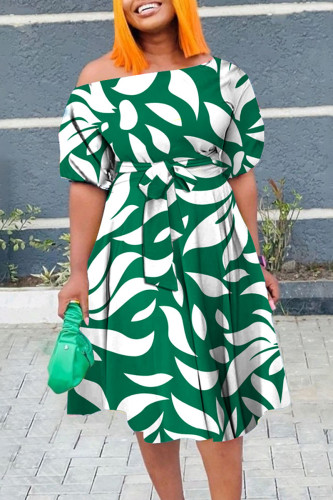 Green Sexy Print Strap Design Patchwork Oblique Collar A Line Plus Size Dresses