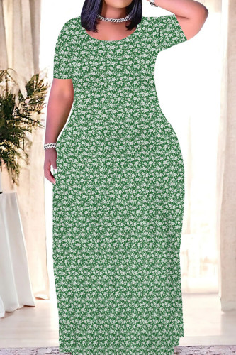 Green Casual Print Patchwork O Neck Straight Dresses