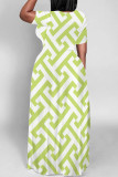 Light Green Casual Daily Geometric Print Contrast O Neck Printed Dresses