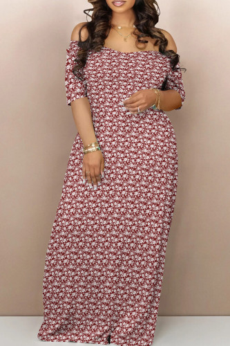 Brown Casual Print Backless Patchwork Off Shoulder Long Dresses