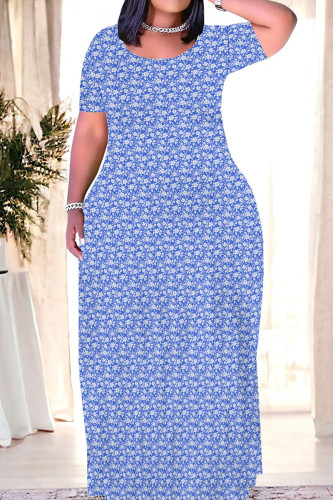 Blue Casual Print Patchwork O Neck Straight Dresses