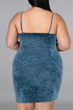 Navy Blue Sexy Casual Solid Color Backless Spaghetti Strap Denim Plus Size Dresses