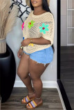 Beige Sexy Casual Flowers Patchwork Hollow Out See-Through O Neck T-Shirts