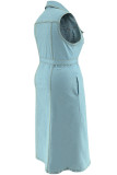 Light Blue Casual Solid Color With Belt Turndown Collar Denim Plus Size Dresses