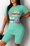 Orange Casual Daily Cartoon Print Contrast O Neck Short Sleeve Two Pieces