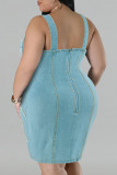 Light Blue Sexy Casual Daily Backless Sleeveless Zipper Spaghetti Strap Raw Hem Cami Plus Size Denim Dresses