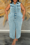 Light Blue Casual Daily Solid Color Slit Turndown Collar Denim Plus Size Dresses