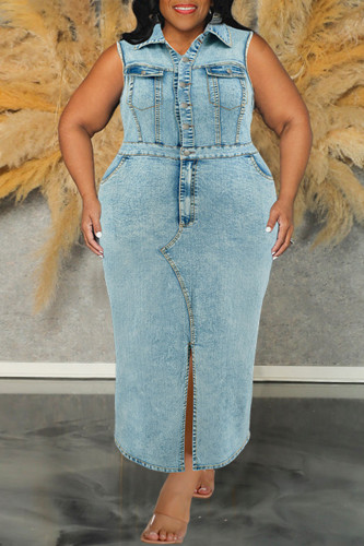 Light Blue Casual Daily Solid Color Slit Turndown Collar Denim Plus Size Dresses