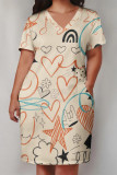 White Casual Geometric Print The stars Pocket V Neck Printed Plus Size Dresses