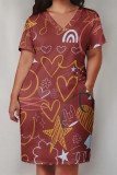 White Casual Geometric Print The stars Pocket V Neck Printed Plus Size Dresses