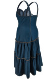 Deep Blue Casual Daily Solid Color Zipper Patchwork Spaghetti Strap Denim Plus Size Dresses