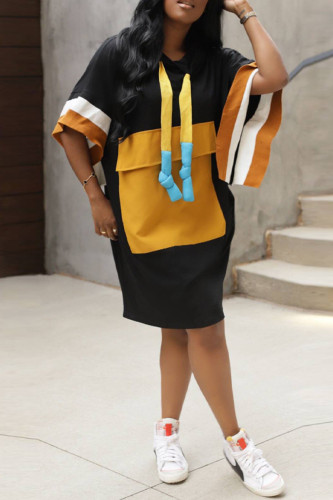 Yellow Casual Pocket Patchwork Contrast V Neck Straight Dresses