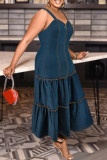Deep Blue Casual Daily Solid Color Zipper Patchwork Spaghetti Strap Denim Plus Size Dresses