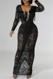 Black Sexy Solid Color Lace Fringed Trim Lace Up See-Through Backless Deep V Neck Long Dresses