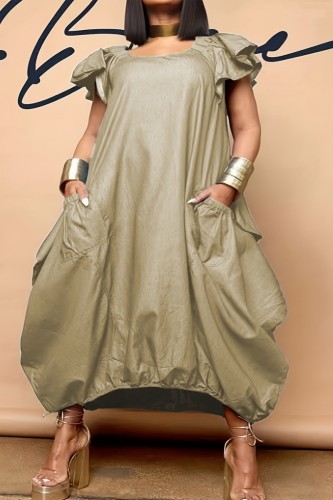 Khaki Casual Solid Patchwork Pocket O Neck Short Sleeve Dress Plus Size Dresses