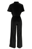Black Street Solid Patchwork Pocket Turndown Collar Short Sleeve Two Pieces Crop Blouse Tops And Wide Leg Pants Sets