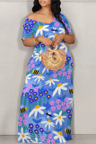 Navy Blue Casual Floral Print Patchwork Off Shoulder Printed Dresses