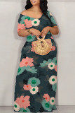 Navy Blue Casual Floral Print Patchwork Off Shoulder Printed Dresses