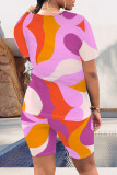 Multi-color Casual Geometric Print Contrast O Neck Short Sleeve Two Pieces