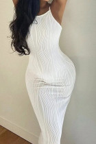 White Celebrities Stripe Backless Slit Patchwork Spaghetti Strap Long Dresses