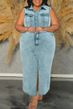 Light Blue Casual Daily Solid Color Slit Turndown Collar Denim Plus Size Dresses