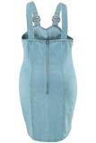Light Blue Sexy Casual Daily Backless Sleeveless Zipper Spaghetti Strap Raw Hem Cami Plus Size Denim Dresses