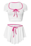 White Casual Solid Color Patchwork U Neck Short Sleeve Two Pieces