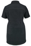 Black Casual Daily Solid Color Buttons Patchwork Turndown Collar Denim Plus Size Dresses