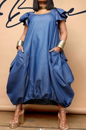 Blue Casual Solid Patchwork Pocket O Neck Short Sleeve Dress Plus Size Dresses