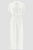 Black Street Solid Patchwork Pocket Turndown Collar Short Sleeve Two Pieces Crop Blouse Tops And Wide Leg Pants Sets