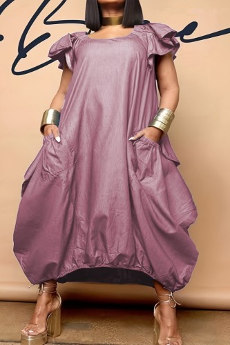 Pink Casual Solid Patchwork Pocket O Neck Short Sleeve Dress Plus Size Dresses