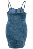 Navy Blue Sexy Casual Solid Color Backless Spaghetti Strap Denim Plus Size Dresses