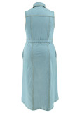 Light Blue Casual Solid Color With Belt Turndown Collar Denim Plus Size Dresses