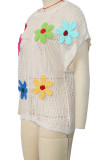 Beige Sexy Casual Flowers Patchwork Hollow Out See-Through O Neck T-Shirts