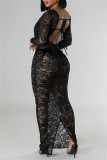 Black Sexy Solid Color Lace Fringed Trim Lace Up See-Through Backless Deep V Neck Long Dresses