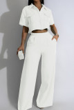 Black Street Solid Patchwork Pocket Turndown Collar Short Sleeve Two Pieces Crop Blouse Tops And Wide Leg Pants Sets